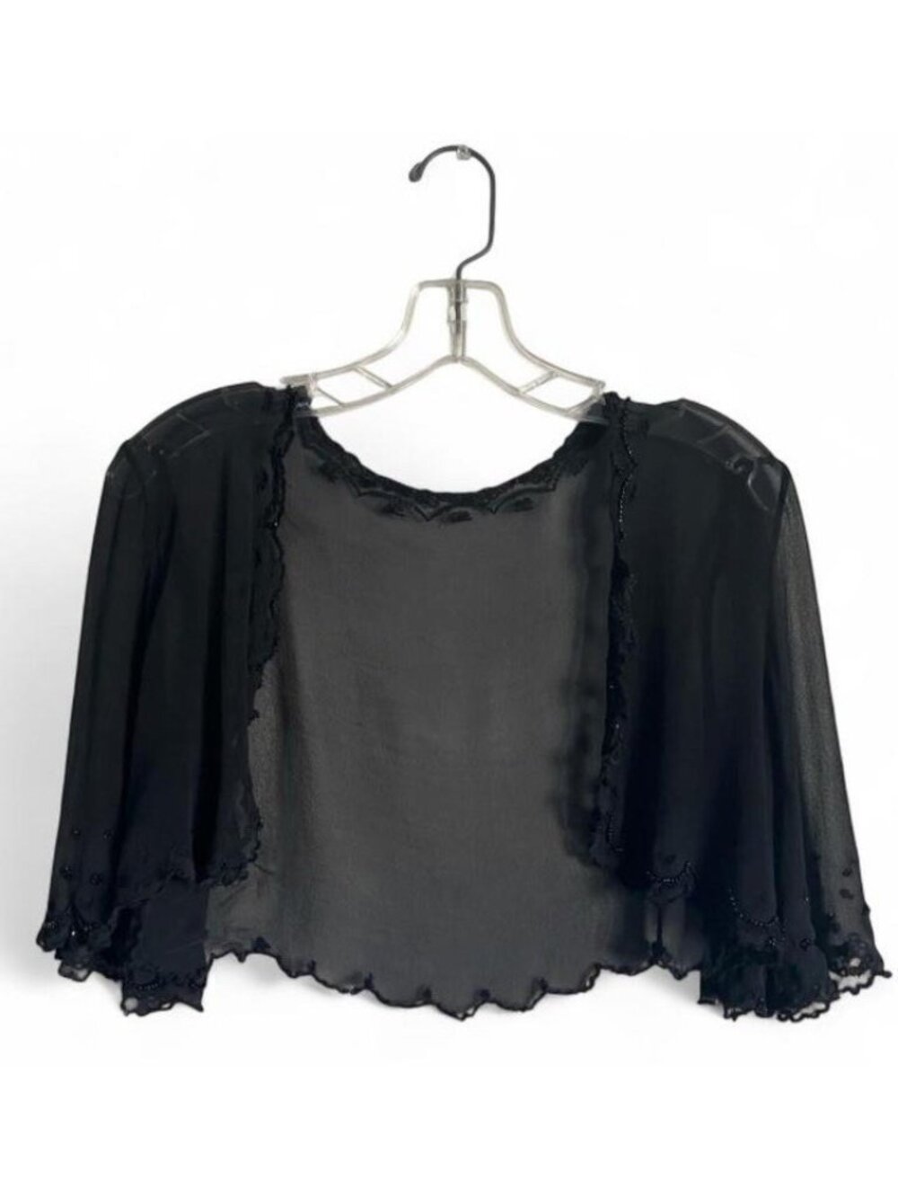 Vintage Black Chiffon Womenโs Shawl Wrap Beaded Embroidered Lace Trim One Size